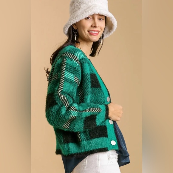Umgee Plaid Green Cardigan Sweater - Picture 3 of 4